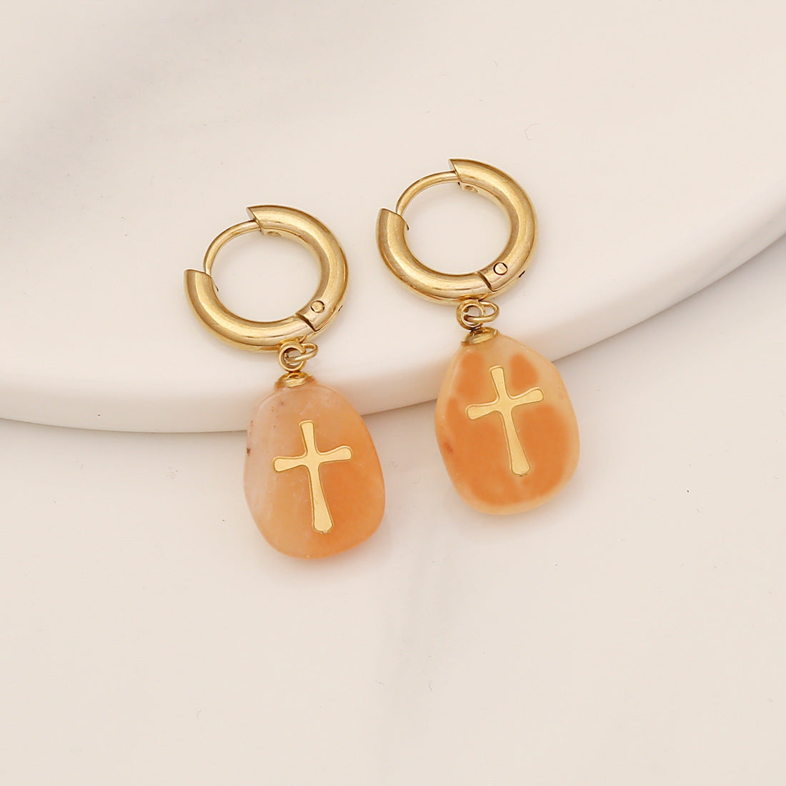 Venta al por mayor Pendientes de acero inoxidable con cruz de piedra natural